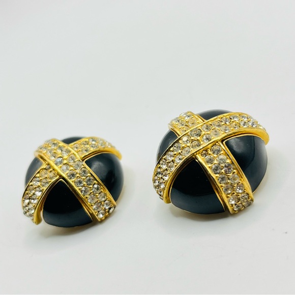 Vintage Ciner Earrings Signed Gold tone Black Enamel Rhinestone Runway Clip Ons
